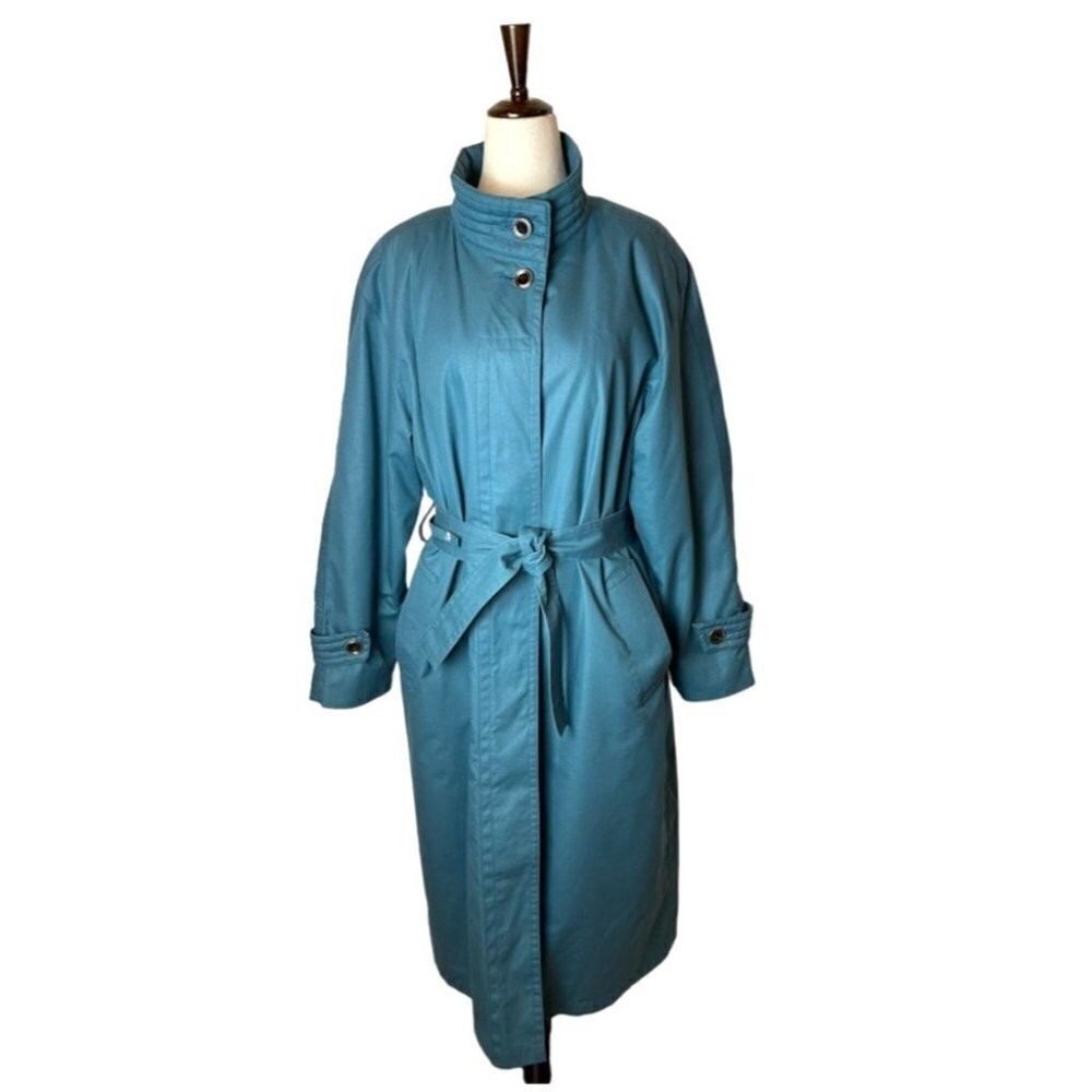 London Fog Teal Blue Green Vintage Plaid Wool‎ Liner Trench Coat Size 10P
